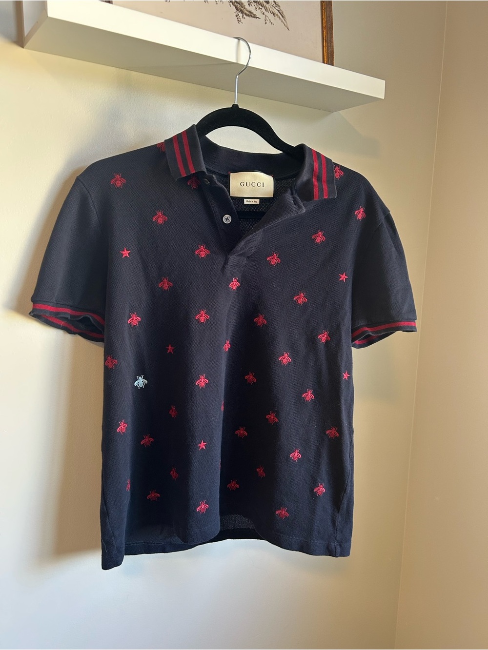Gucci Men’s Navy Polo Shirt with Red Embroidered Motifs, Size L